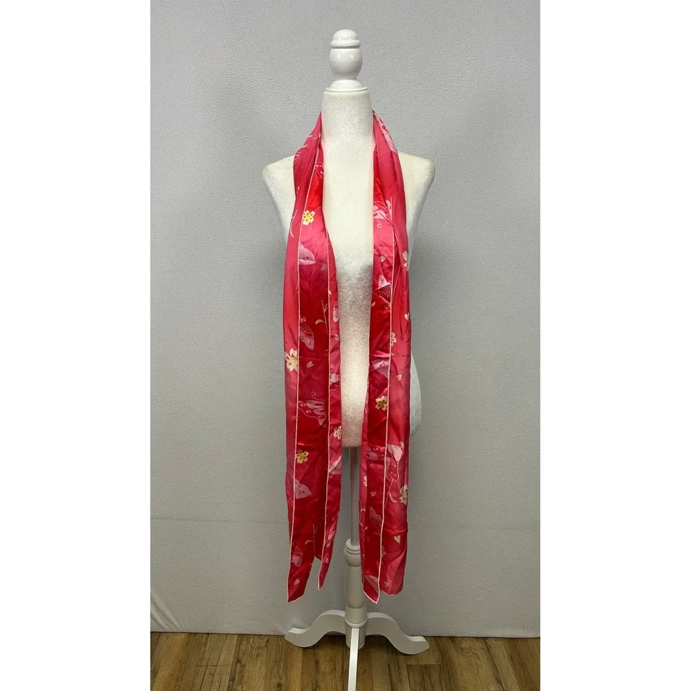 Y2K Whimsical Womens OS Red Pink Butterfly Floral Satin Long Scarf